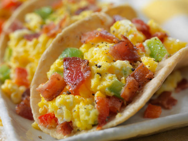 Small 4inch Soft Breakfast Tacos, Scrambled Eggs with Cheddar Cheese, Red, Green Peppers and Bacon